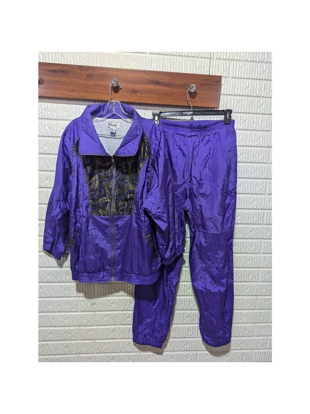 Slade Women's 90's Purple Paisley Polyester Cotton Lined Gold Trim Wind Suit Set